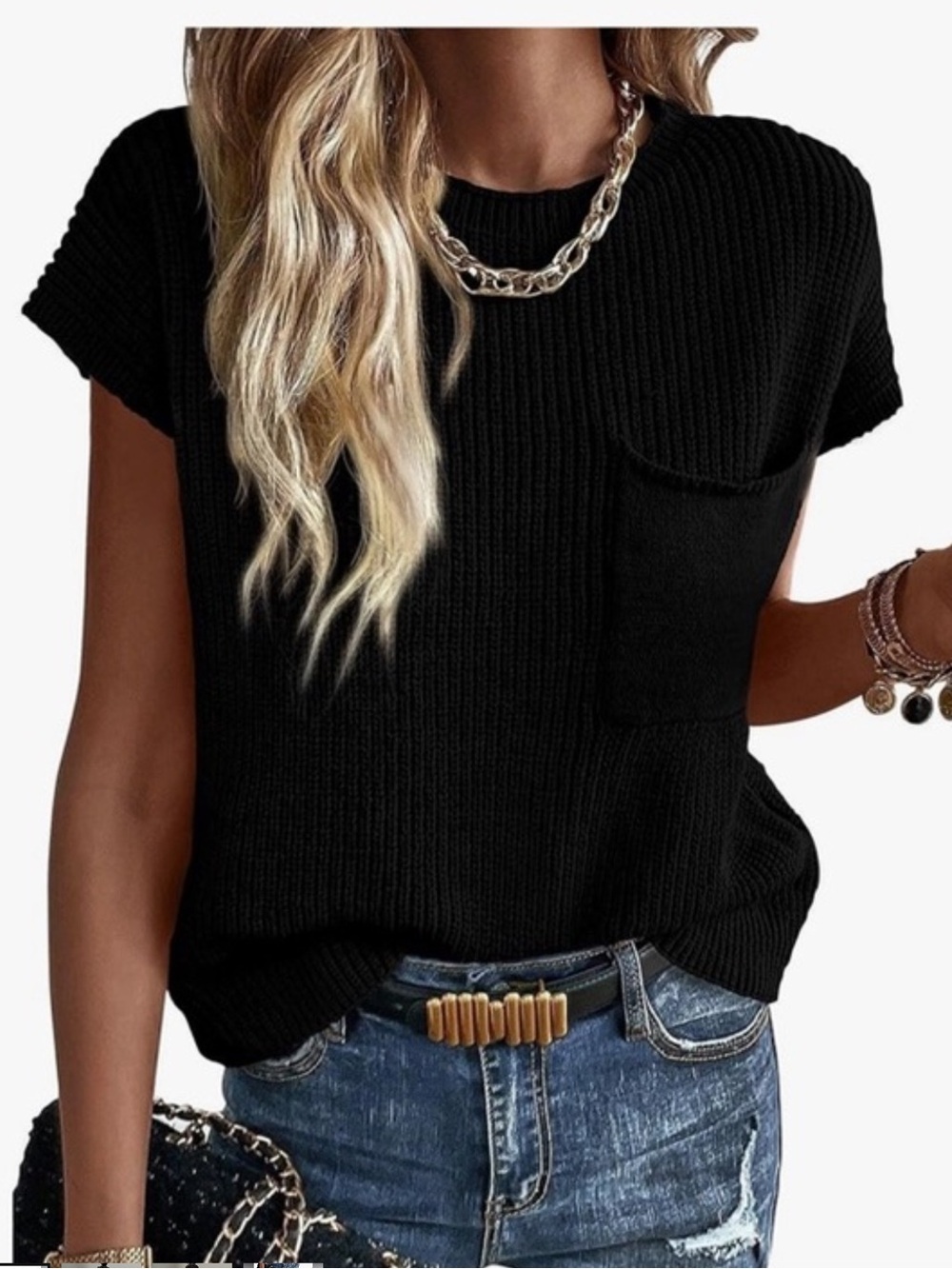 Women's Black Rib-Knit Crewneck sweater with Chest Pocket